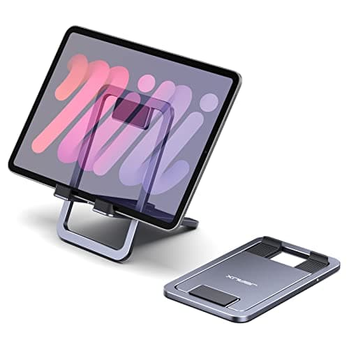 Image of JSAUX Universal Tablet Stand, Portable Foldable Tablet Holder for Desk Compatible with iPad Mini, Samsung Galaxy Tab, Kindle, Steam Deck OLED, Switch, ROG Ally X, iPhone and Other Tablets-Gray