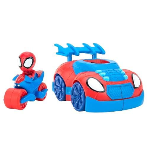 Image of Spidey and his Amazing Friends Marvel's SNF0113 2 n 1 Strike Feature Vehicle-Launch Web Cycle-Must-Have Toy for All Spidey Fans