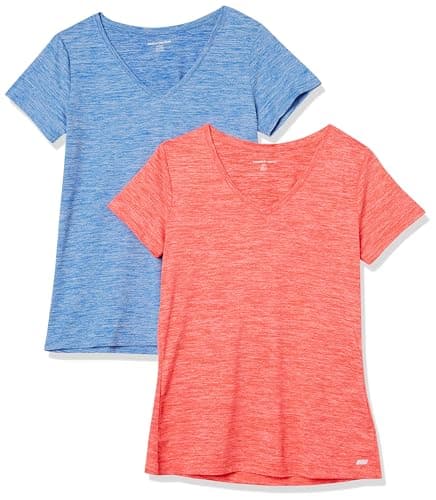 Image of Amazon Essentials Women's Active Quick Dry Tech Stretch Short-Sleeve V-Neck Gym T-Shirt (Available in Plus Size), Pack of 2, Coral Orange Space Dye/Light Blue Space Dye, L