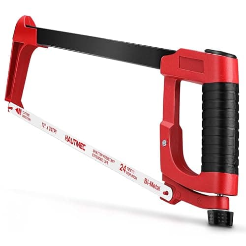 Image of HAUTMEC 300mm (12") Heavy Duty Hacksaw, Adjustable High Tension Metal Saw with Blade Storage, 45°/90° Cutting Angles, Non-Slip Soft Grip, 24 TPI Bi-Metal Blade