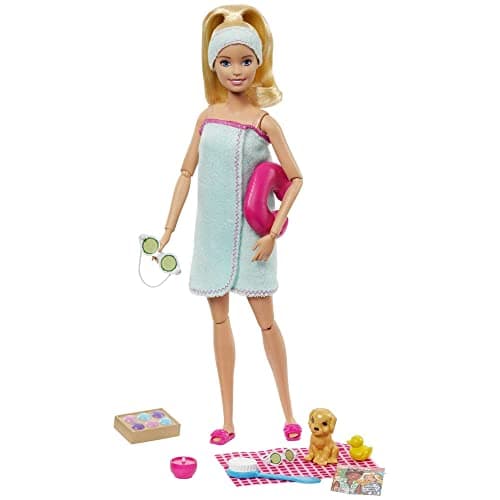 Image of Barbie Spa Doll, Blonde, with Puppy and 9 Accessories, Including Neck Pillow, Rubber Duck and Cucumber Eye Masks, Gift for Kids 3 to 7 Years Old