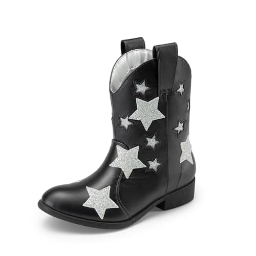 Image of DREAM PAIRS Girls Cowgirl Boots Cowboy Western Mid Calf Star Boots for Kids,Size 3 Big Kid,Black,SDBO2405K