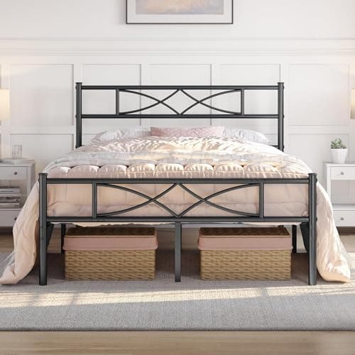 Image of Yaheetech 5ft King Bed Frames Metal Slatted Bed Platform with Curved Design Headboard and Footboard, Under-bed Storage, No Box Spring Needed, 12 Built-in Steel Slats, Black