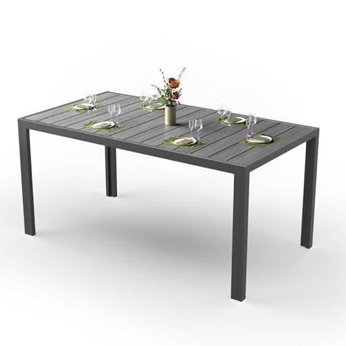 Image of JUMMICO HDPS Wood Grain Garden Dining Table, Heavy Duty Weatherproof Aluminium Outdoor Table, Easy Maintenance, Seats 4-6 People, for Patio, Garden - Grey 150x80x72cm