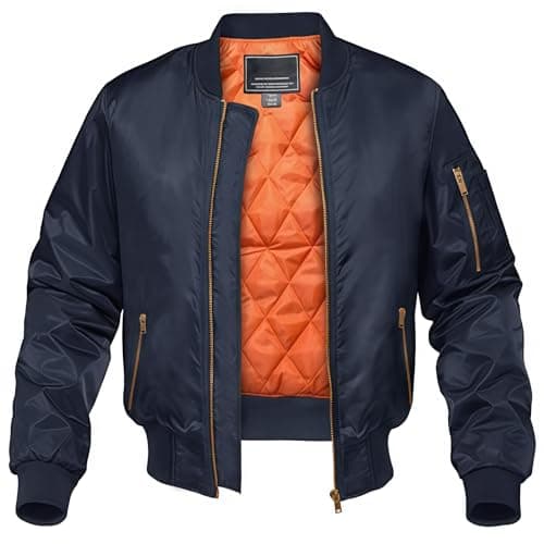 Image of KEFITEVD Men's Bomber Jacket Windproof Military Quilted Lined Coat Winter Warm Casual Jacket with 4 Pockets,Navy Blue,M