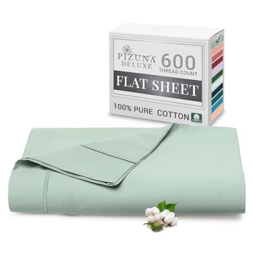 Image of Pizuna Pure Combed Cotton Super King Flat Sheet Seafoam Sage, 600 Thread Count Long Staple Brushed Cotton Flat Sheets Super King Size, Cool Sateen Flat Sheet Superking