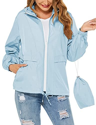 Image of Tisfeer Womens Rain Jacket Lightweight Windproof Raincoats Waterproof Packable Hooded Outdoor Trench Coat(Light Blue,XL)