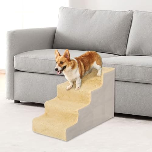 Image of CROWNSHOP 4-Steps Dog Ramp 60X40X15cm Dogs Steps for High Bed Non-Slip Pet Stairs with Removable Washable Cover for Small Dogs and Cats Dog Ramp for Sofa (Beige)
