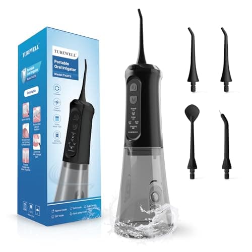 Image of TUREWELL Water Flosser for Teeth Cordless, 310 ML Oral Irrigator Dental with 5 Modes, IPX7 Waterproof Electric Tooth Cleaner with 4 Replacement Jet Tips for Travel and Home (Black)