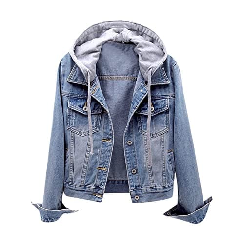 Image of Women's Denim Jacket With Hood Oversized Distressed Jean Jackets Hoodie Coat Denim Jean Pilot Jacket With Hood
