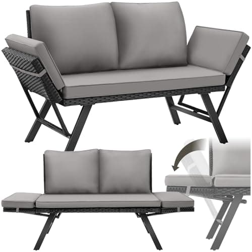 Image of tectake® 2-in-1 Garden Sofa with Adjustable Armrests & Thick Cushions, Ideal as Love Seat & Lounger, UV- & Weather-Resistant Day Bed with Durable Polyrattan for Garden & Patio - Light Grey/Black