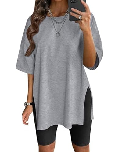 Image of Women's Oversized T-Shirt Side Split Tees Yoga Tops Plus Size T Shirts Loose Fit Crew Neck Casual Workout Grey L