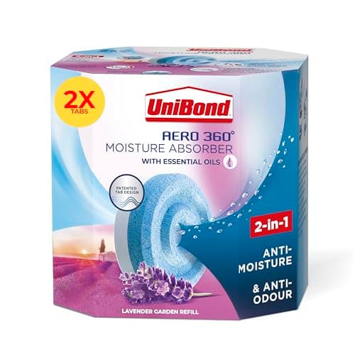 Image of UniBond AERO 360° Moisture Absorber Lavender Garden Refill Tab, aromatherapy, ultra-absorbent and odour-neutralising, for AERO 360° Dehumidifier, Condensation Absorbers, Twin Pack (2 x 450g)