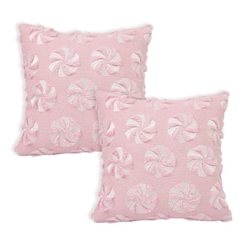 Image of Tian Zhun Christmas Pillow Covers 18x18 Inch Set of 2 Candy Cane Pillowcase Pink Soft Plush Faux Fur Throw Cushion for Xmas Holiday Sofa Home Decoration