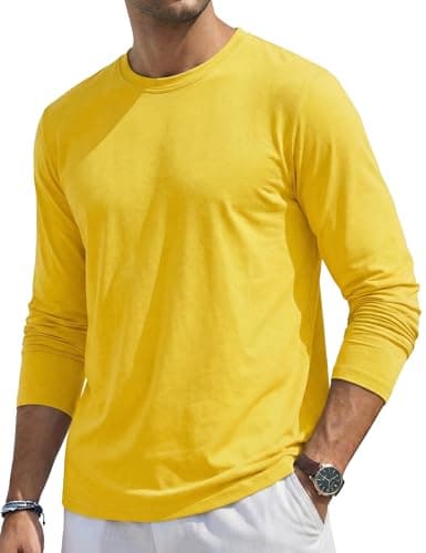 Image of TACVASEN Long Sleeve T Shirt Mens Cotton Tops Soft Basic Lightweight Casual Long Sleeve Tshirts for Work Yellow, XL