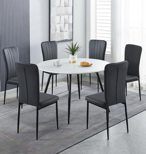 Image of Hallowood Furniture Cullompton Large Round Dining Table and Chairs Set 6, White Marble Effect Kitchen Table and Chairs Upholstered in Black Faux Leather, Dining Room Sets for Home and Cafe