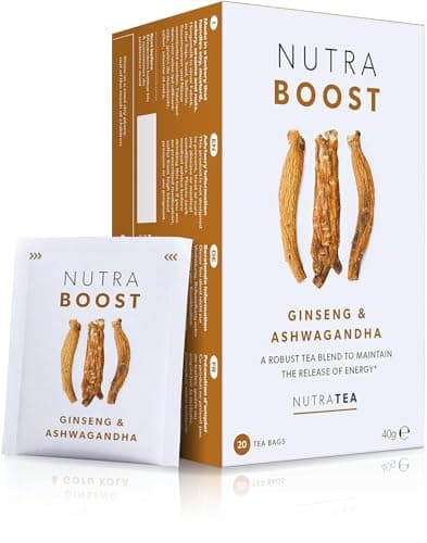 Image of Nutra Tea NUTRABOOST - Energy Tea - Herbal Energy Boost Tea - Helps With Tiredness And Fatigue -Includes Green Tea, Ginseng & Ashwagandha - 20 Individual Wrapped Bags - Herbal Infusion (1 Pack)
