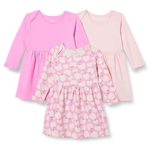 Image of Amazon Essentials Girls' Cotton Long-Sleeved Dress, Pack of 3, Pink/Apples, 2 Years