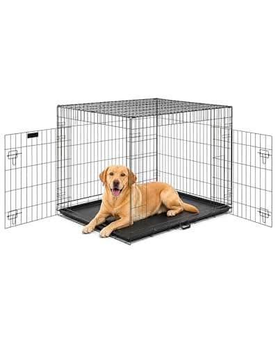 Image of FurDreams 36" Folding Dog Crate for Large Dogs - Heavy-Duty Black Metal Cage with Front & Side Doors, Chew-Resistant Plastic Tray & Carry Handle, Quick Setup (92 × 57 × 63 cm)