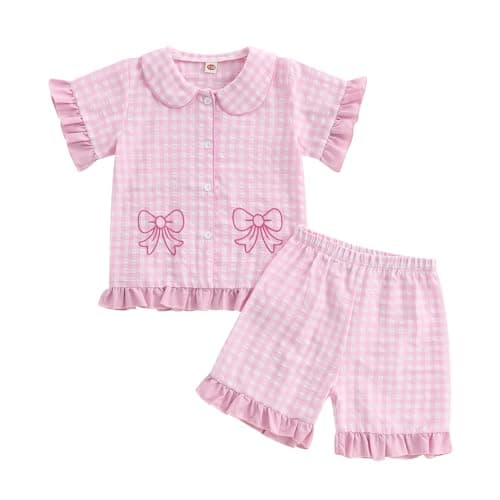 Image of Kids Toddler Girls Summer Clothes Set Gingham Print Short Sleeve Button Down Tops and Shorts 2 Piece Outfits (Checkered Bows Pink, 3-4 Years)