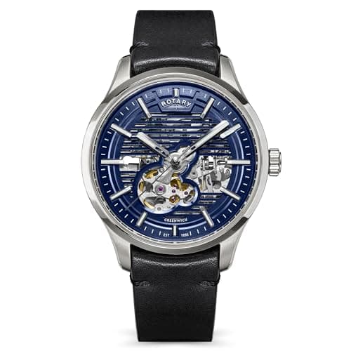 Image of Rotary Men's Greenwich Skeleton Automatic 100M Water Resistance Stainless Steel Black Leather Strap Watch