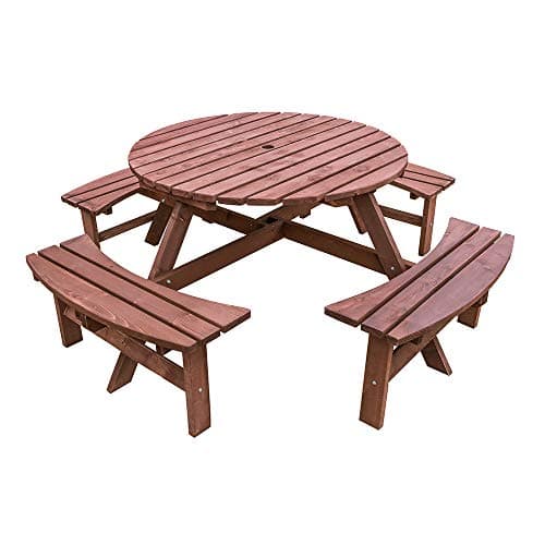 Image of Panana Large Round Wooden Picnic Table and Bench Set 8 Seater Seats Furniture for Outdoor, Garden, Park, Patio, Pub