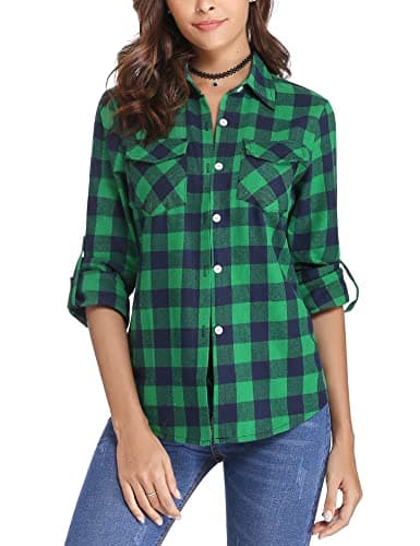Image of Totatuit Flannel Checked Long Sleeve Tops Women V Neck Button Down Casual Ladies Shacket Blouse Plaid Shirt Green