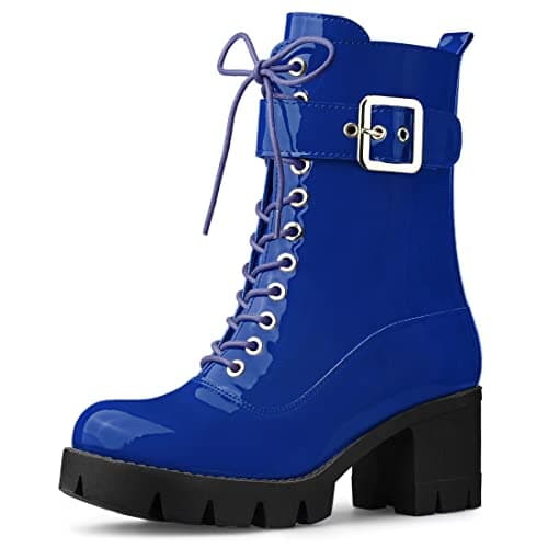 Image of Allegra K Women's Zip Platform Chunky Heel Combat Boots Blue 5 UK/Label Size 7 US