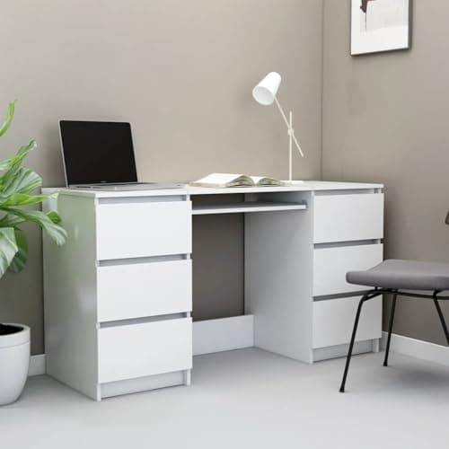 Image of SooIarix Desk White Wood Composite with 6 Drawers 140 x 50 x 77 cm, Computer Desk and Gaming Desk, PC Table for Study and Furniture for Study, Compact Dining Table
