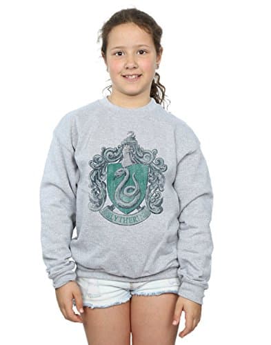 Image of Harry Potter Girls Slytherin Distressed Crest Sweatshirt 7-8 Years Sport Grey
