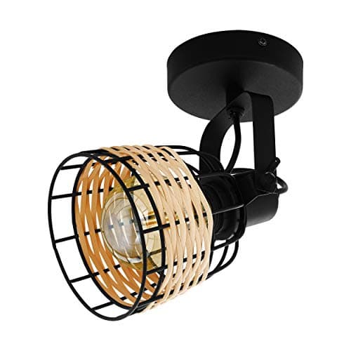 Image of Wall/Ceiling Light - Black & Wicker Adjustable Spotlight - 1 x 40W E27 Bulb - Decorative Interior Bulkhead Corridor Mounted Slim Profile