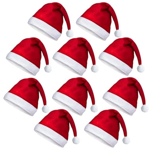 Image of benpen 10PCS Santa Hats Christmas Hat for Adults Bulk, Xmas Party Hats Fancy Dress or Santa Claus Costume, Red, Classic Santa Outfit for New Year Festive Party Supply