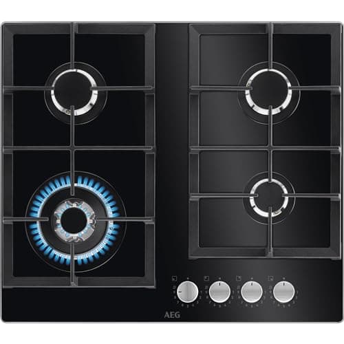 Image of AEG 6000 Series Gas Hob HKB64420NB, 60cm, 4 Cooking Zones, Gas on Glass Hob, Step Power, Speed and WOK Burner, Cast Iron Pan Supports, Integrated Ignition, Automatic Switch Off, 40x560x480mm, Black