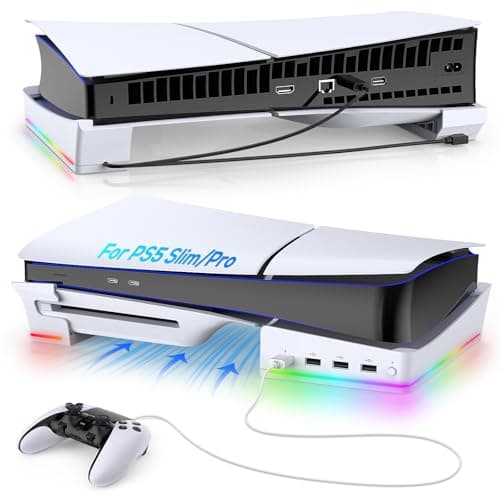 Image of Gorixer RGB Horizontal Stand for PS5 Slim Console with 4 USB Hubs, Stand for Playstation 5 Slim Disc & Digital, Base Holder Accessories with 14 Lighting Modes & Fast Charging Port for PS5 Controller