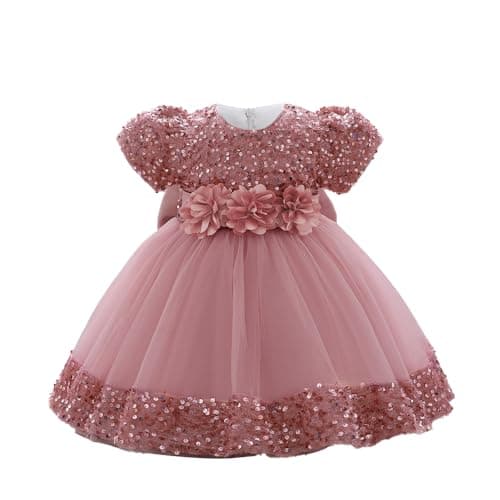 Image of Cichic Baby Bridesmaid Dresses Elegant Puffy Sequin Tulle Festival Toddler Wedding Flower Girl Dress Dark Pink 3-6 Months