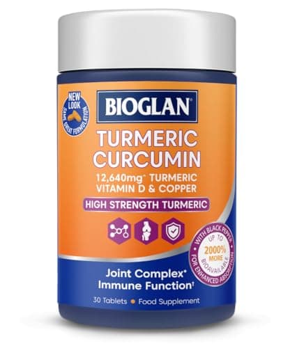 Image of Bioglan Curcumin – High Strength Turmeric Extract with 95% Curcuminoids & BioPerine® Black Pepper | Immune, Bone & Joint Support | With Vitamin C, Vitamin D & Copper | 30 Tablets (1 Month Supply)