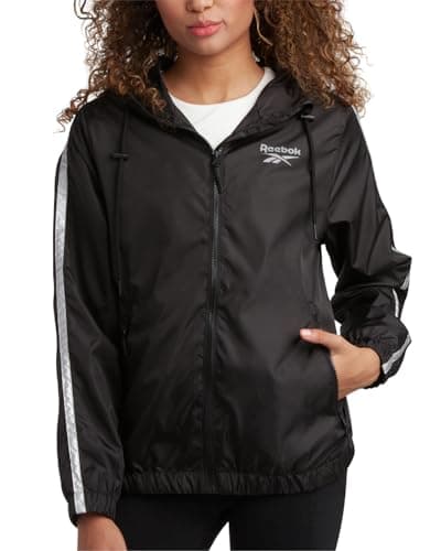 Image of Reebok Womens Windbreaker Jacket - Lightweight Water and Wind Resistant Outdoor Hooded Rain Coat for Running (Sizes: S-XL), Black Reflective Tape, L