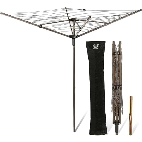 Image of NETTA Rotary Washing Line 4 Arm 45M - Heavy Duty Outdoor Clothes Dryer with Cover & Ground Spike - Easy-Open Whirligig Washing Line Rotary - Large Capacity Garden Laundry Rotary Airer - Grey