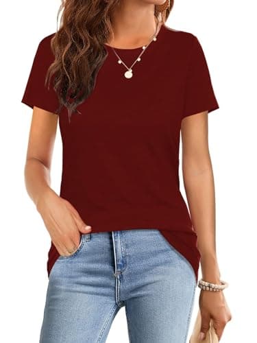 Image of Suncife Womens Summer Casual Basic Tshirts Crewneck Short Sleeve T Shirt Tops Tees (Burgundy,L)