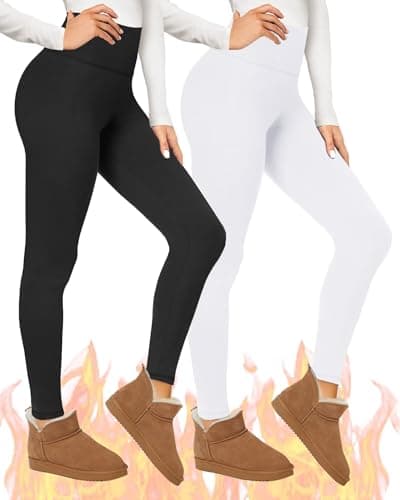 Image of TNNZEET 2 Pack Thermal Leggings Women UK Fleece Lined Pants High Waisted for Gym Yoga in Winter (Black+White,L-XL)