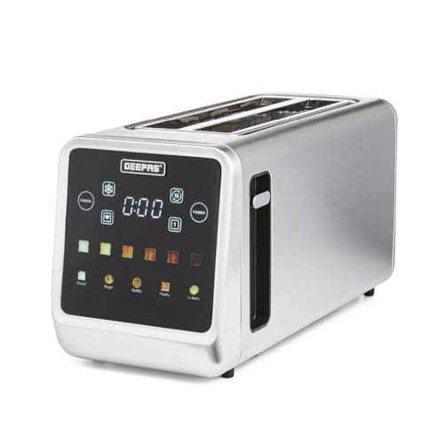 Image of GEEPAS 5-in-1 DIGITAL 4 Slice Long Slot Toaster | Stainless Steel Housing, Extra Wide Slots LED Display & Timer | 6 Browning Level Cancel Defrost & Reheat Function Removable Crumb Tray | 1450W Silver