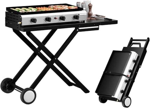 Image of Outopee 4 Burner Foldable Propane Gas Barbecue Grill, Portable Gas BBQ with Side Table, Grease Tray, Wheels, Electronic Ignition & Regulator for Garden Party Camping Picnic Outdoor Cooking