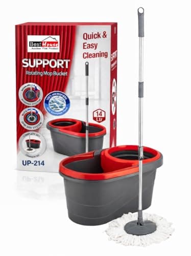 Image of BH | Spin Mop and Bucket Set | 360° Rotating Microfibre Mop Head | 14 Litres Capacity | Easy Wringer Bucket | Stainless Steel Adjustable Long Handle | Wet and Dry Floor Cleaning - by BEST HOUSE