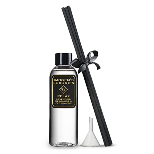 Image of Relax 100ml Reed Diffuser Refill with Natural Lavender, Bergamot & Cedarwood Essential Oils - 6 Thick black reeds and Funnel - Alcohol free - Vegan Friendly