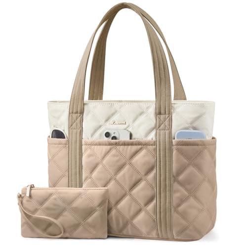 Image of LOVEVOOK Laptop Tote Bags for Women, Lightweight Puffer Handbag for School, Large Work Handbags Ladies Tote Bag with Zip, Quilted Shoulder Bag for College Shopping Work Travel Gym Beach