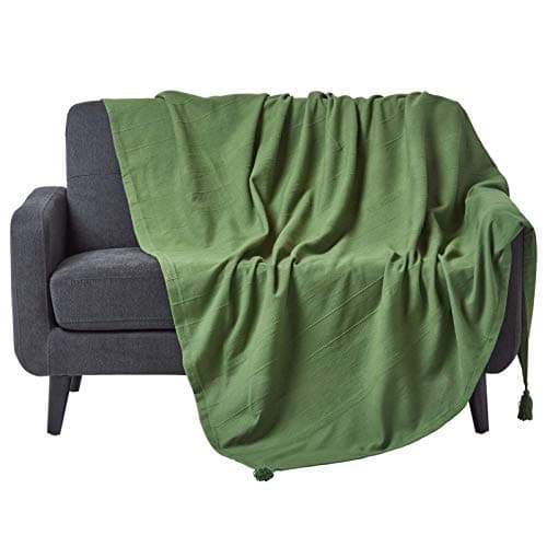 Image of HOMESCAPES - Rajput Ribbed Throw - 60 x 80 Inches - Dark Olive Green - Handmade 100% Cotton - Suitable for most 2 Seater Sofas - Single Double bedspreads - Easy care washable at home