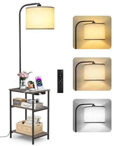 Image of OUTONLIFE Floor Lamp with Table, 2 Drawers & Remote, Side End Table with Charging Station, Dimmable Nightstand with 3 Color Temperature, 1-Hour Timer, 12W LED Bulb, for Living Room, Bedroom(Grey)