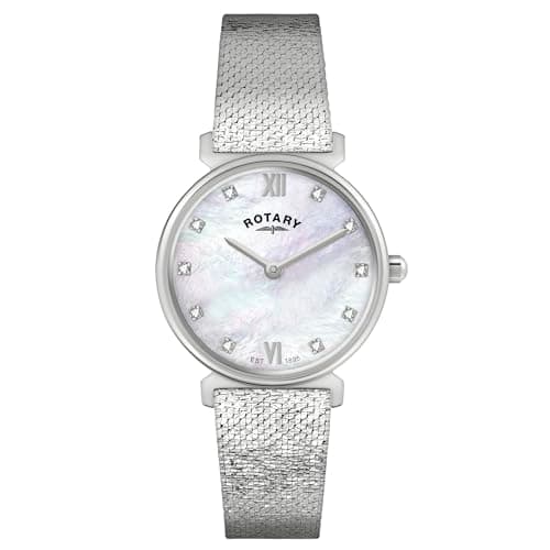 Image of Rotary Ladies 1895 Stone Set Mother of Pearl Dial Stainless Steel Mesh Bracelet Watch