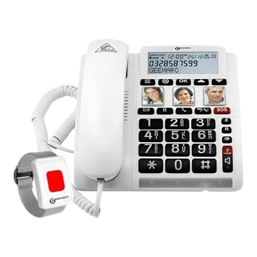 Image of Geemarc CL610 - Emergency Response Telephone and its Waterproof SOS Bracelet with Amplified Receiving Volume and Customisable Photo Memories - Ideal for Elderly People Leaving Alone - UK Version