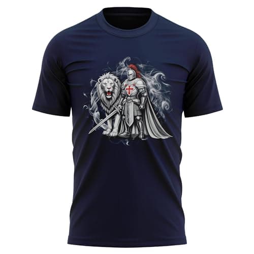 Image of England Knight & Lion Mens T Shirt - St Georges Cross Design - English Pride Tee for Him - British Heritage Top - Patriotic Great Britain Gift, l, Navy
